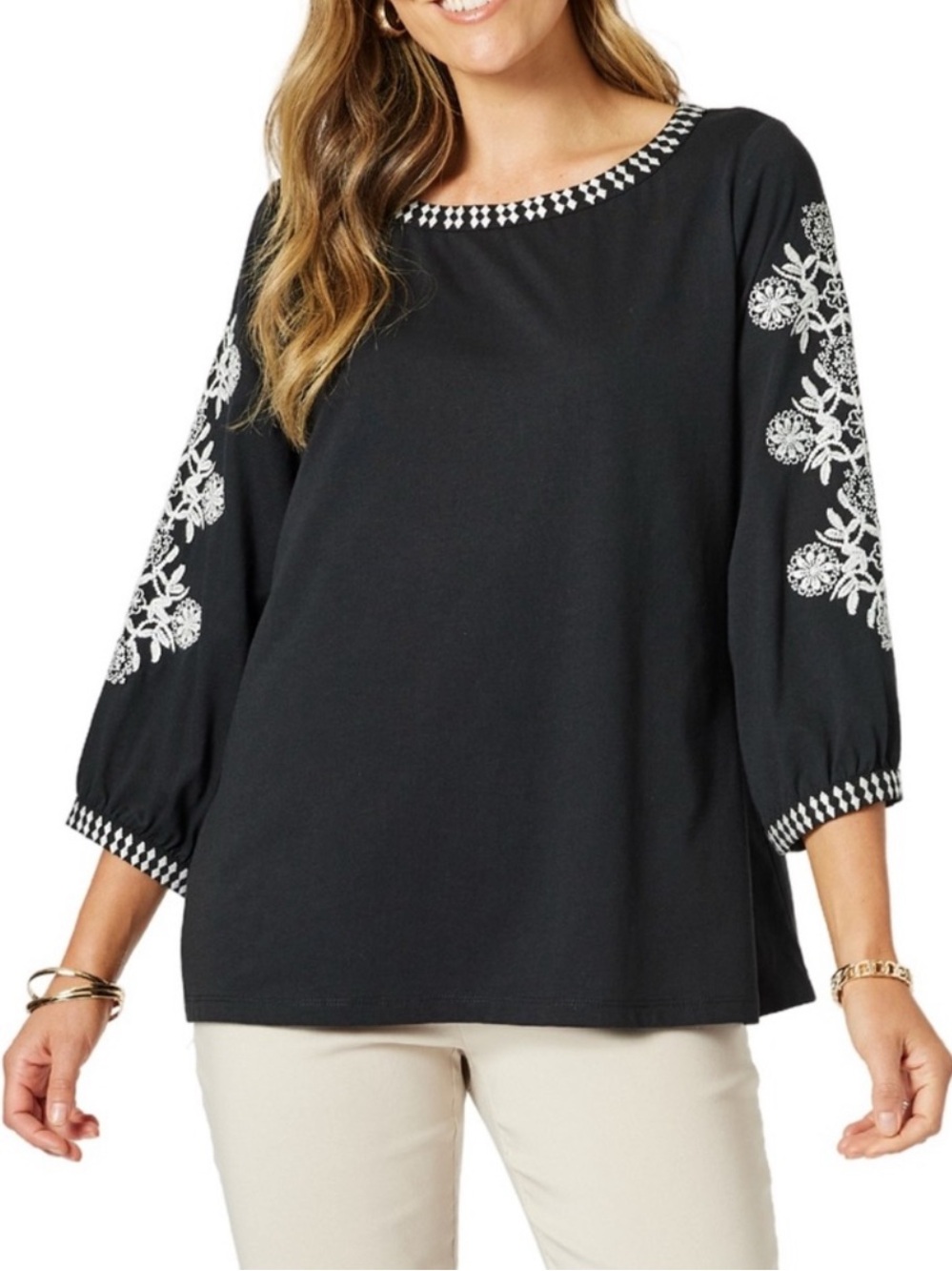 J. Jill Pure Jill 2X Organic Cotton Embroidered Tunic Top Black Boho Floral